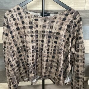 Comfy USA Inky Check Print Long Sleeve Crew Neck Top Cropped Size Small